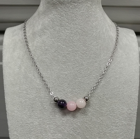 Rose Quartz Amethyst Three Bead Necklace Natural Gemstone Crystal StainlessSteel - Picture 1 of 14